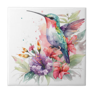 Beautiful Vibrant Watercolor Hummingbird Print Tile