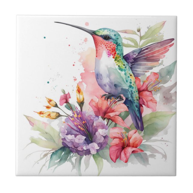 Beautiful Vibrant Watercolor Hummingbird Print Tile (Front)
