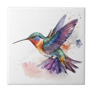 Beautiful Vibrant Watercolor Hummingbird Print Tile