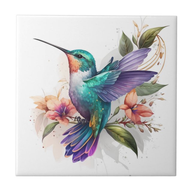 Beautiful Vibrant Watercolor Hummingbird Print Tile (Front)