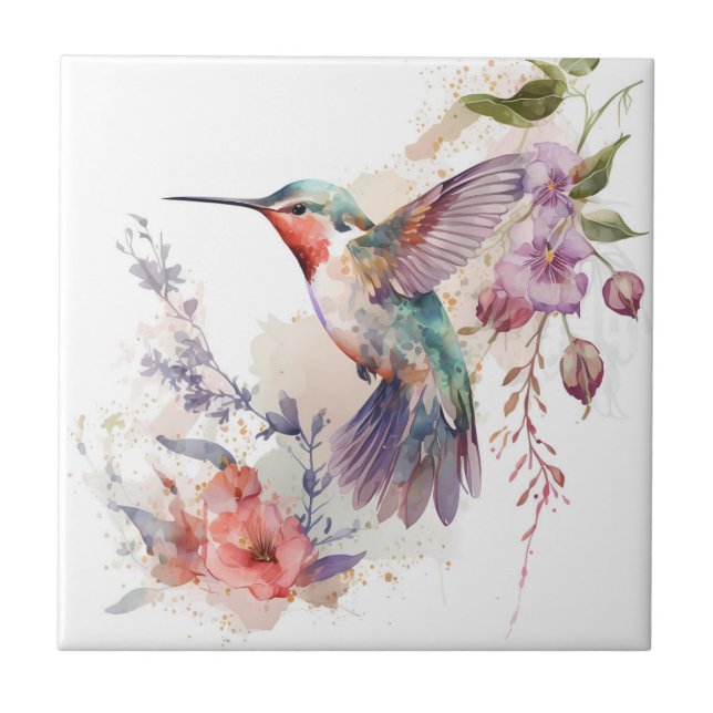 Beautiful Vibrant Watercolor Hummingbird Print Tile (Front)