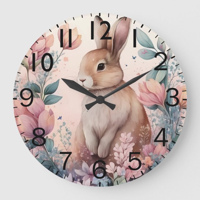 Beautiful Vibrant Watercolor Rabbit Print Large Clock (Front)