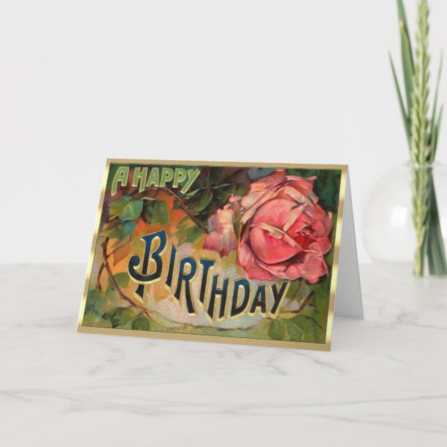 Beautiful Victorian Floral Pink Rose Birthday Card (Front)