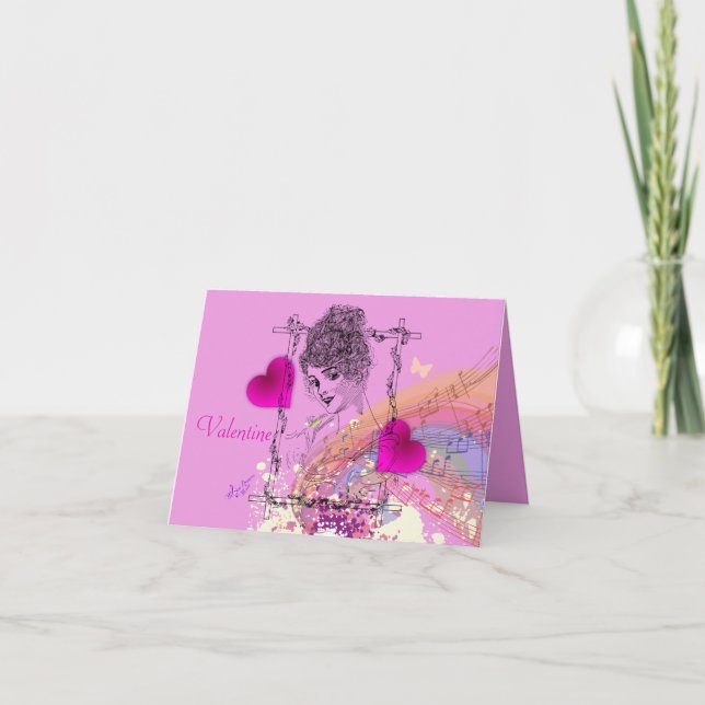 Beautiful Victorian Lady Pink Valentine Notecard (Front)