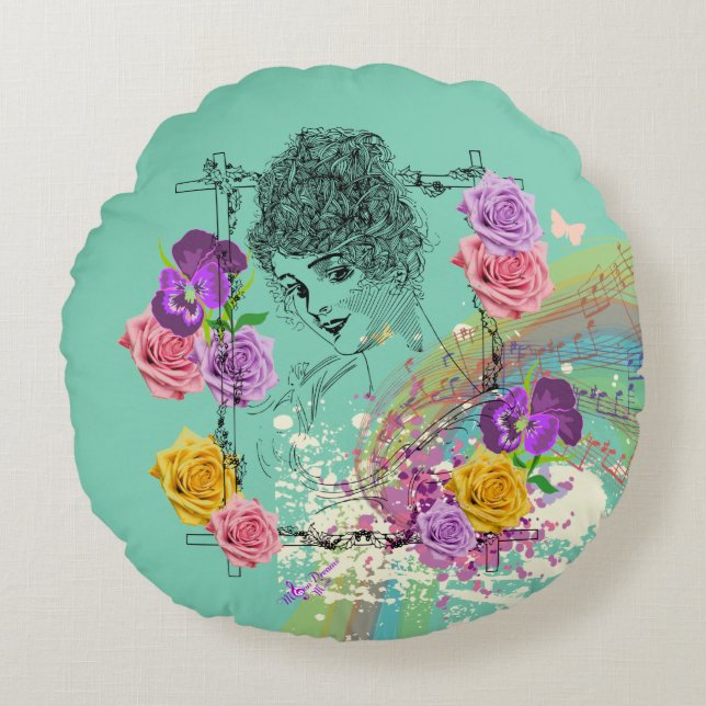 Beautiful Victorian Lady Teal Floral Round Pillow (Front)