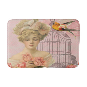 Beautiful Victorian Woman Pink Roses Bird Bath Mat