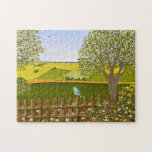 Beautiful View Large Jigsaw Puzzle<br><div class="desc">A puzzle with a beautiful image of a nature scene: A bird sitting on a weathered fence,  wildflowers growing around the fence,  a farmer on a tractor,  working his land,  trees with leaves,  and farmland with various colors. Original artwork by W.B.</div>