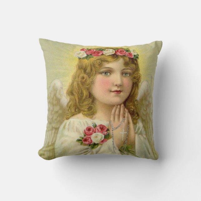 Beautiful Vintage Angel Praying Rosary Throw Pillow (Front)