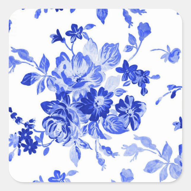 Beautiful vintage blue floral pattern square sticker (Front)