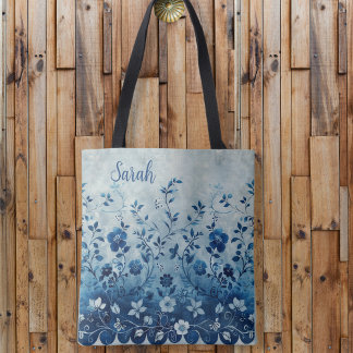 Beautiful Vintage Blue Tropical Hawaiian Flowered Tote Bag