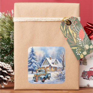 Beautiful Vintage Blue Truck Winter Farmhouse Square Sticker