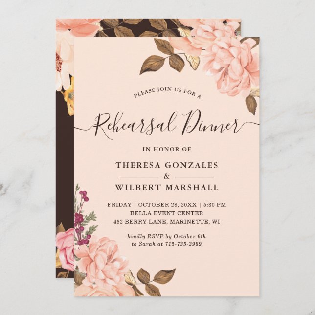 Beautiful Vintage Blush Floral Rehearsal Dinner Invitation (Front/Back)