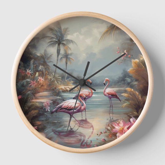 beautiful vintage botanical painting flamingos clock (Front)