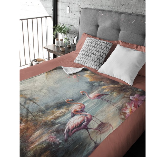 beautiful vintage botanical painting flamingos fleece blanket (Creator Uploaded)