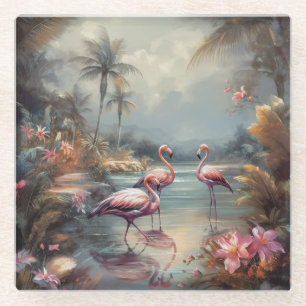 beautiful vintage botanical painting flamingos glass coaster
