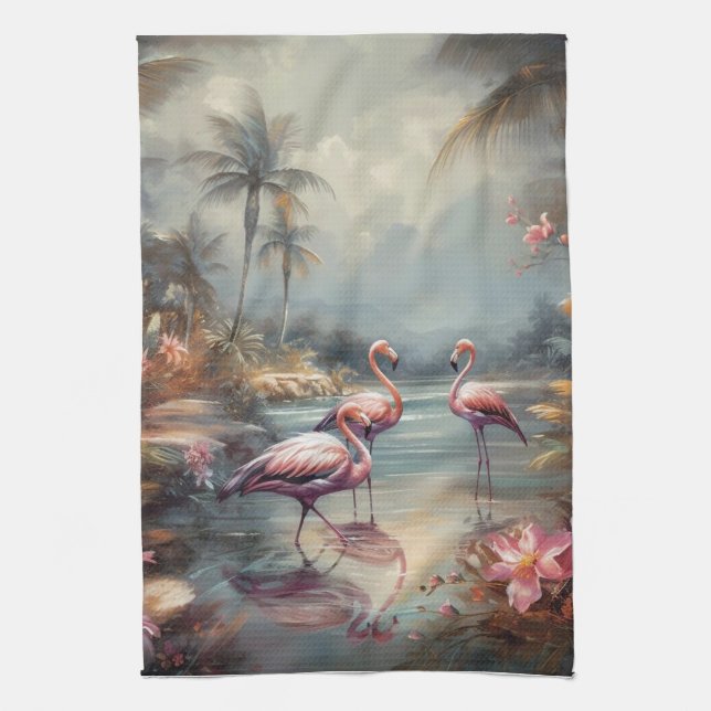 beautiful vintage botanical painting flamingos kitchen towel (Vertical)