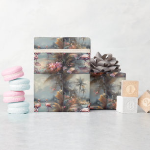 beautiful vintage botanical painting flamingos wrapping paper