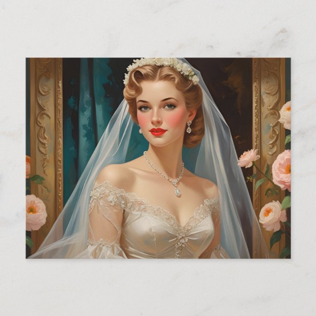 Beautiful Vintage Bride with Roses Illustration  Postcard (Front)