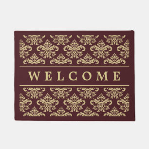 Beautiful Vintage Brown Gold Damask Personalized Doormat