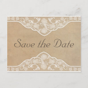 Beautiful Vintage Canvas & Lace Look Save the Date Announcement Postcard