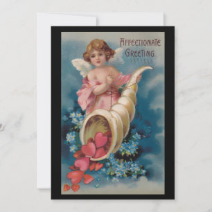 Beautiful Vintage Cherub Pouring Hearts Cornocopia Holiday Card