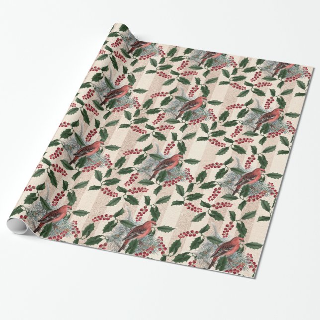 Beautiful vintage Christmas bird pattern Wrapping Paper (Unrolled)