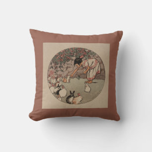 Beautiful Vintage "Feeding the Bunnies"   Throw Pillow