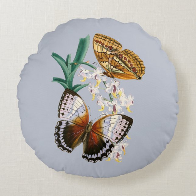 Beautiful Vintage Floral Butterfly Illustration Round Pillow (Front)