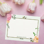 Beautiful Vintage Floral Personalized Stationary Card<br><div class="desc">Pretty pink and orange flowers with green vines decorate this beautiful vintage floral note card. Personalize this desk stationary for an old fashioned receptionist or girly friend who loves monogram gifts.</div>
