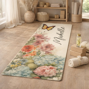 Beautiful Vintage Flowers and Butterfly Yoga Mat