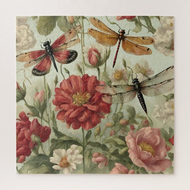 Beautiful Vintage Flowers and Dragonflies  Jigsaw Puzzle (Vertical)