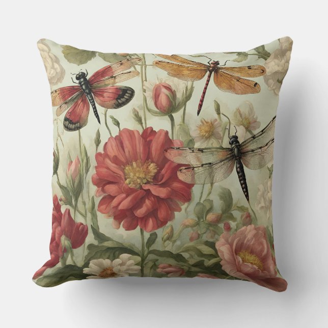 Beautiful Vintage Flowers and Dragonflies  Throw Pillow (Front)