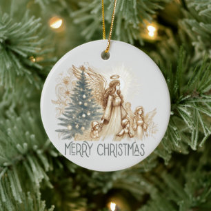 Beautiful Vintage Guardian Angel with Children  Ceramic Ornament