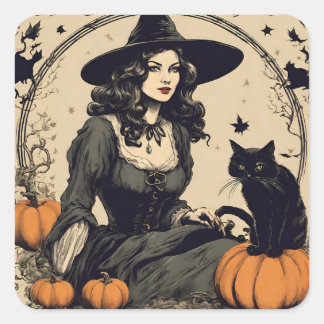Beautiful Vintage Halloween Witch with Black Cat Square Sticker