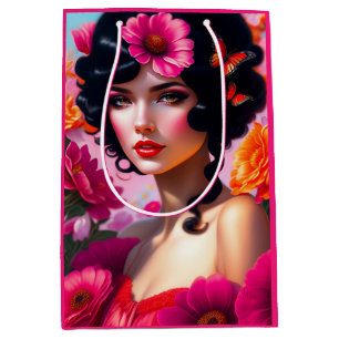 Beautiful Vintage Lady In Red Decoupage Medium Gift Bag