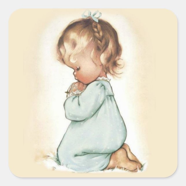 Beautiful Vintage Little Girl Praying Rosary Square Sticker (Front)