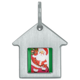 Beautiful Vintage Mid Century Santa & Reindeer Pet Tag