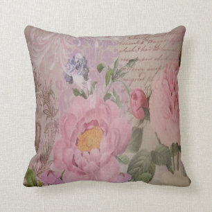 Beautiful vintage pink and blue roses and flowers throw pillow