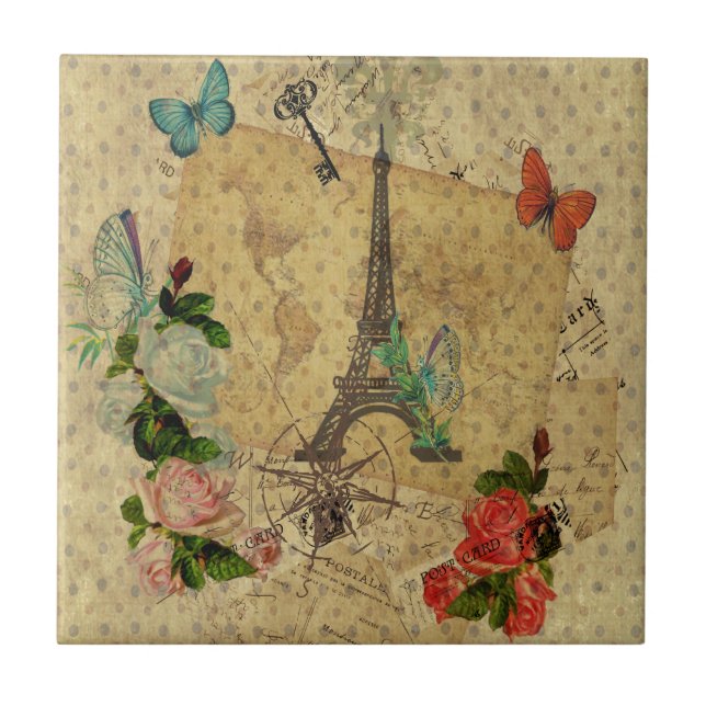 Beautiful vintage post cards collage Eiffel tower Tile (Front)
