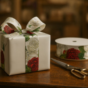 Beautiful Vintage Red & White Rose  Grosgrain Ribbon