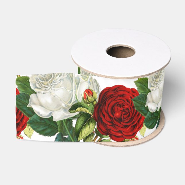 Beautiful Vintage Red & White Rose  Grosgrain Ribbon (Spool)