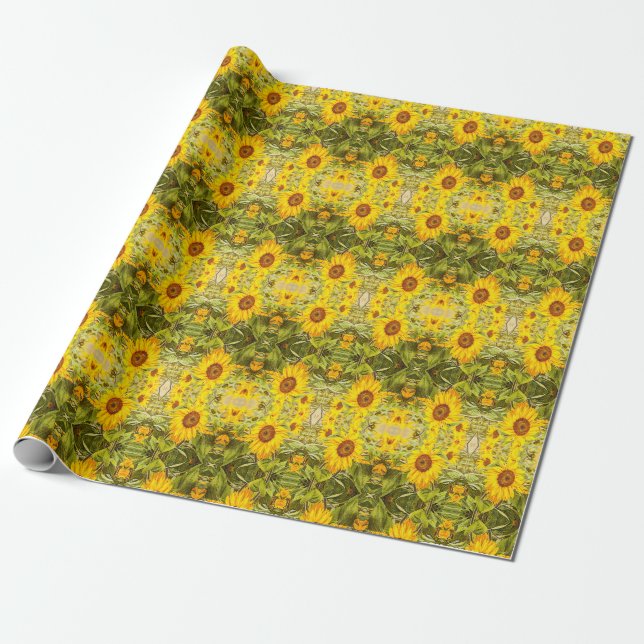 Beautiful Vintage Rustic Sunflower Pattern Wrapping Paper (Unrolled)
