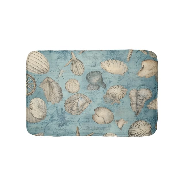Beautiful Vintage Seashells In Blue Bath Mat (Front)