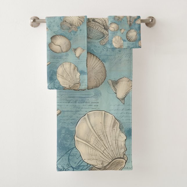 Beautiful Vintage Seashells In Blue Bath Towel Set (Insitu)