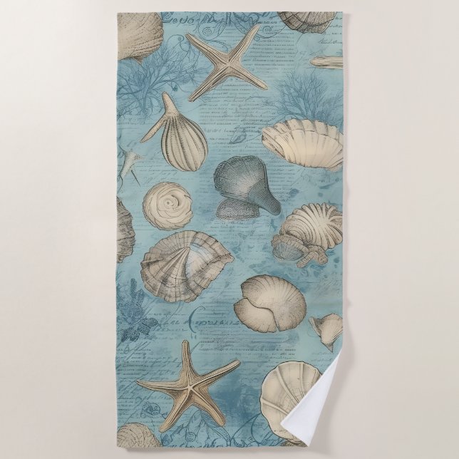 Beautiful Vintage Seashells In Blue Beach Towel (Front)