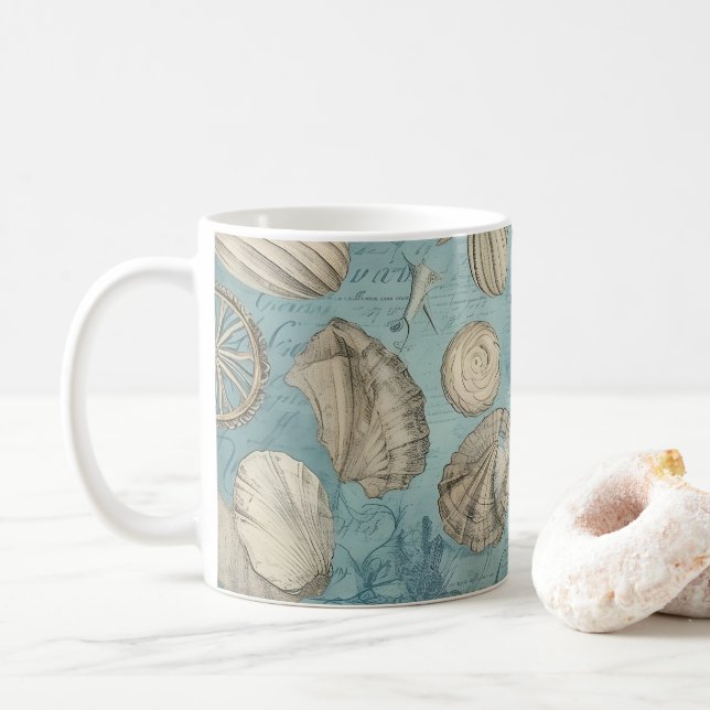 Beautiful Vintage Seashells In Blue Coffee Mug (With Donut)