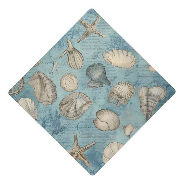 Beautiful Vintage Seashells In Blue Graduation Cap Topper (Front)