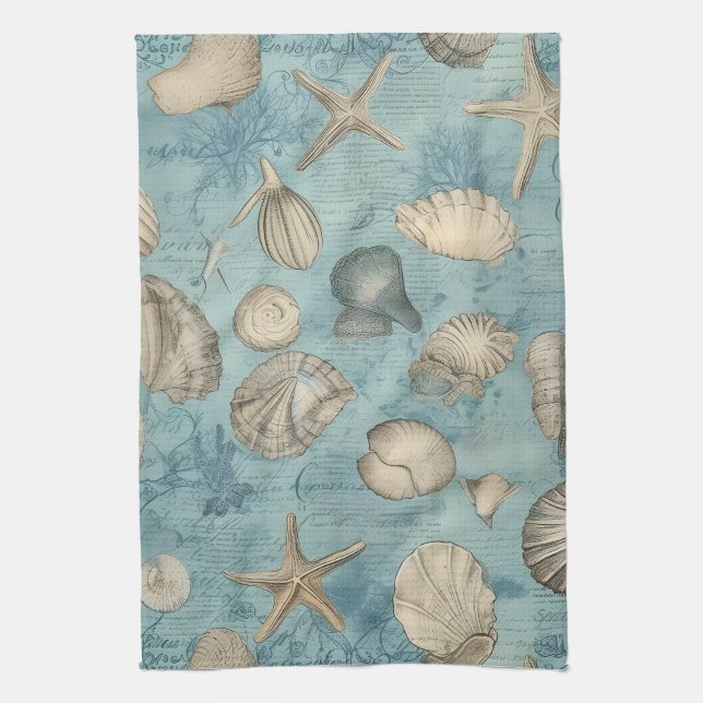 Beautiful Vintage Seashells In Blue Kitchen Towel (Vertical)