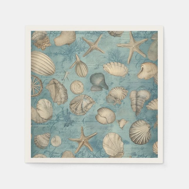 Beautiful Vintage Seashells In Blue Napkin (Front)