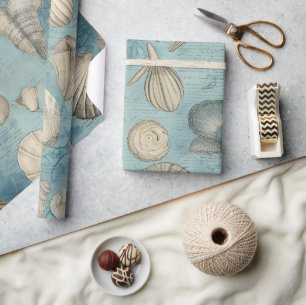 Beautiful Vintage Seashells In Blue Wrapping Paper